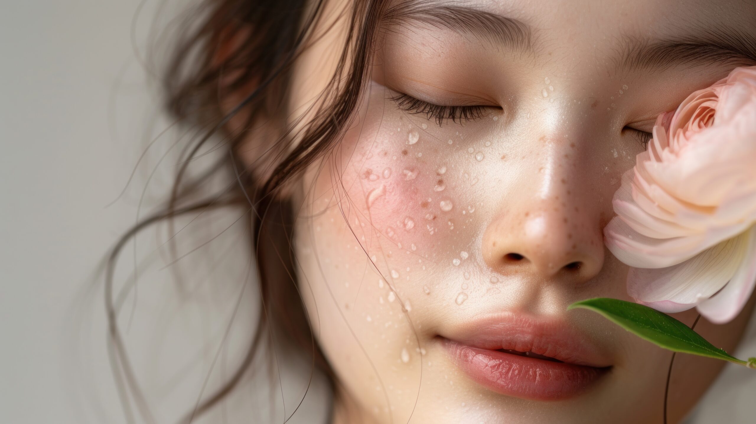 A close-up of a woman's face with closed eyes dewy skin and a single pink rose petal resting on her closed eyelid.